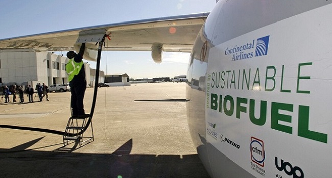 A technician is fueling an airplane. The airplane has a label: 
"Continental Airlines
Sustainable Biofuel"